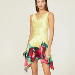 Nicholas Satin Mini Cocktail Dress Designer Cowl Floral Flattering